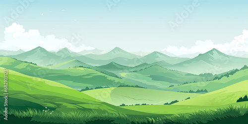 Beautiful scenic cartoon style landscape rolling hills mountains illustration background backdrop  generated ai