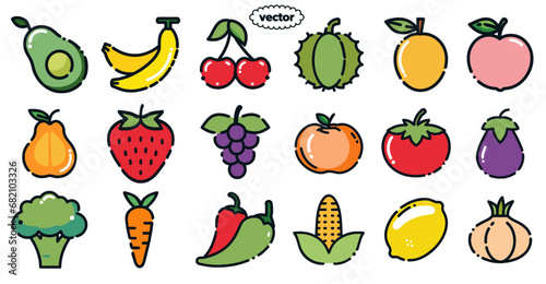 vegetables and fruits icon lineal doodle , cute fruit, banana, orange, tomato, grapes, corn, lemon, strawberry, durian, Cherry, carrots