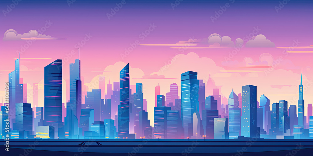 City skyline illustration wide panorama cityscape business background moon light urban scene, generated ai