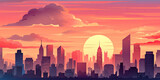 City skyline background illustration sunset gold hour light over cities urban skyscrapers backdrop, generated ai