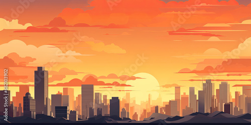 City skyline background illustration sunset gold hour light over cities urban skyscrapers backdrop  generated ai