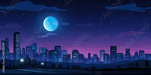 City skyline illustration wide panorama cityscape business background moon light urban scene, generated ai #682103917