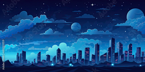 City skyline illustration wide panorama cityscape business background moon light urban scene, generated ai #682103959