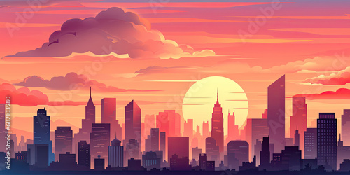 City skyline background illustration sunset gold hour light over cities urban skyscrapers backdrop, generated ai © dan
