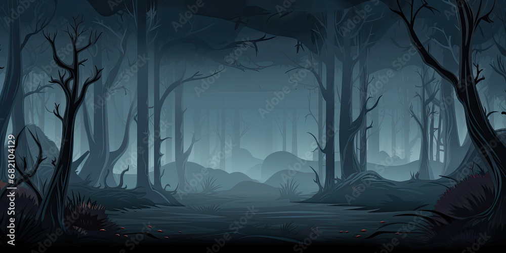 Forest woodland spooky misty hazy foggy illustration background wide trees backdrop, generated ai