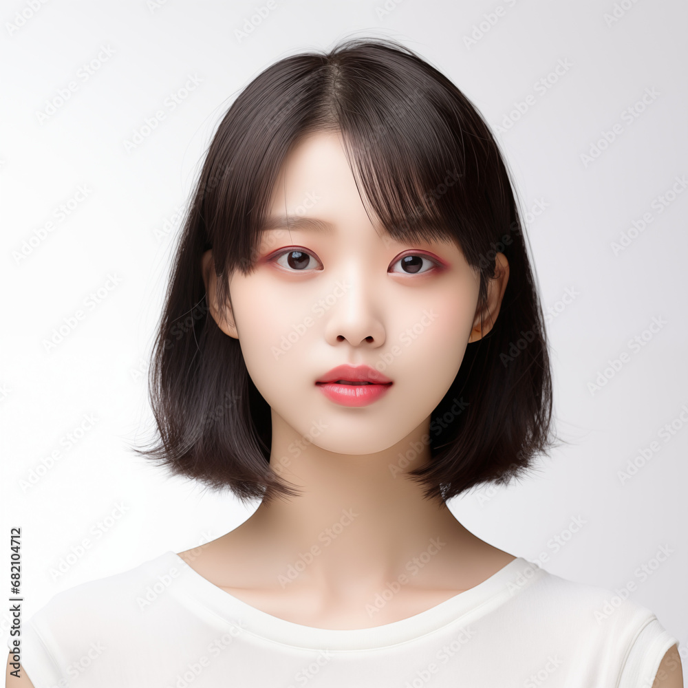 Portrait of beautiful Korean young woman with short hair on white background Portrait of beautiful Korean young woman with short hair on white background