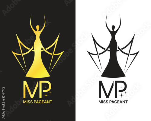 Miss pageant logo - Black and gold tone The beauty queen pageant raise both arms and line crown around vector design photo