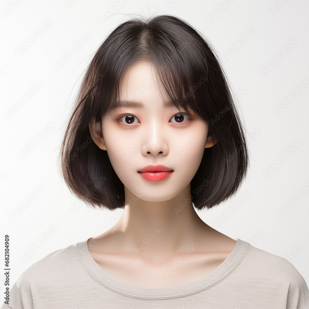 Portrait of beautiful Korean young woman with short hair on white background Portrait of beautiful Korean young woman with short hair on white background