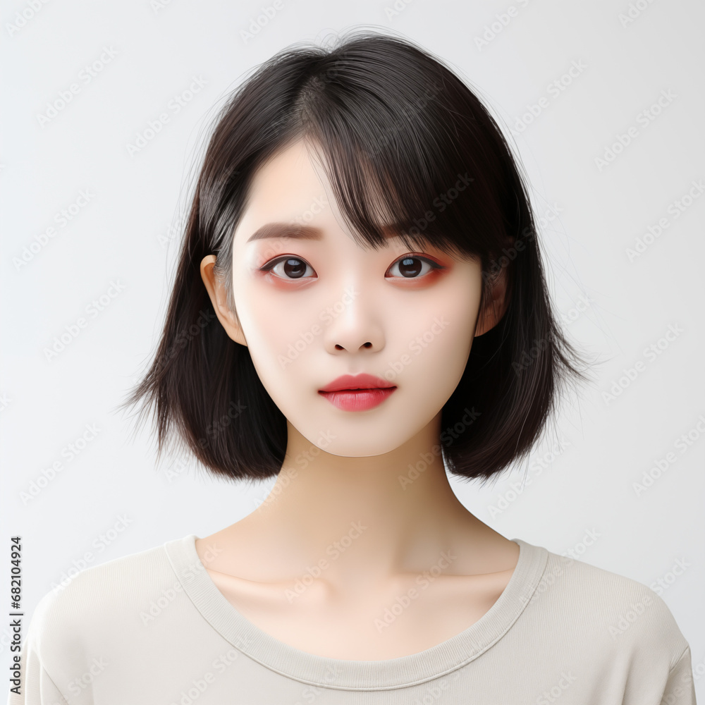 Portrait of beautiful Korean young woman with short hair on white background Portrait of beautiful Korean young woman with short hair on white background
