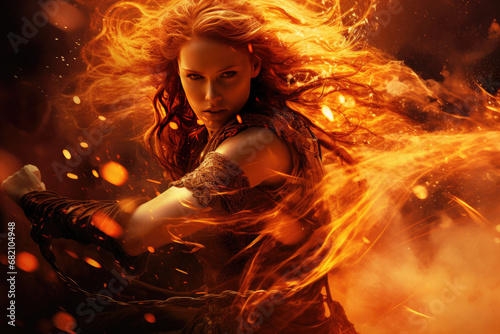 strong warrior woman fight with fire spell