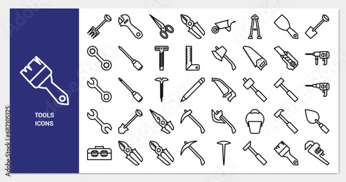 Construction tool icon set. line icon collection. Containing axe, drill and hammer icons. 