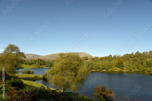 The peak of Wetherlam above the lakes at Tarn Hows in the Lake District