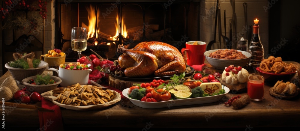 In a cozy winter home, a woman busily prepares a sumptuous Thanksgiving feast in the red-themed kitchen, embodying the concept of joyous celebrations and festive cooking. With Christmas and Xmas just