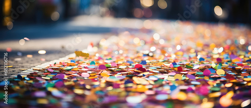 Colorful confetti blows on road after new year's eve. © PixelGallery