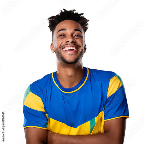 Front view of a half body shot of a handsome man with his jersey painted in the colors of the Barbados flag only, smiling with excitement isolated on transparent background. photo