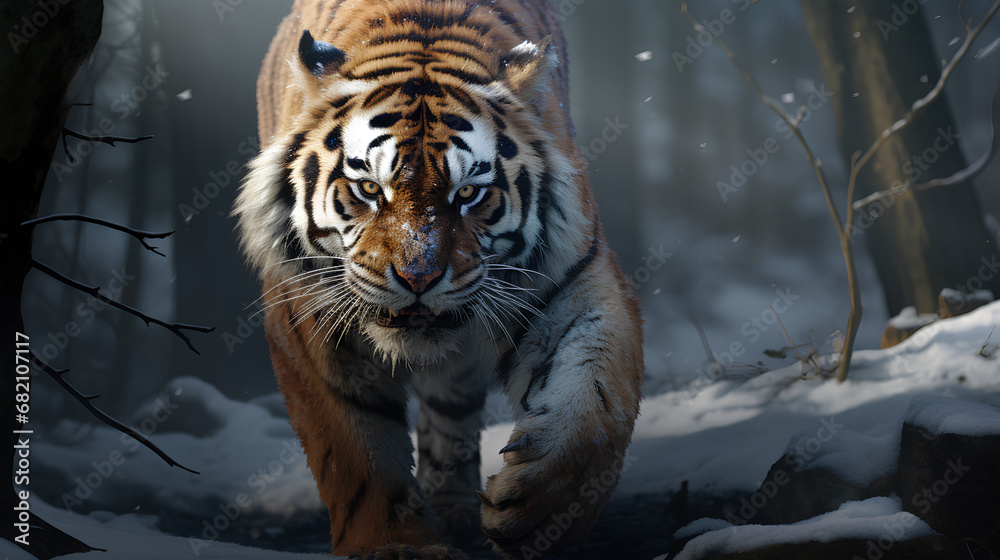 Close-up view of a large Tiger in the deep forest., created with AI, PNG, 300 DPI