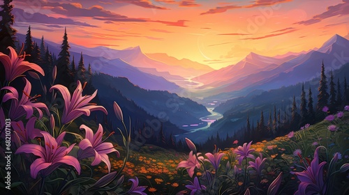 Beautiful scene of nature, Paintings of sunsets over mountain lakes, rivers, blooming orchids, and tranquil meadows 