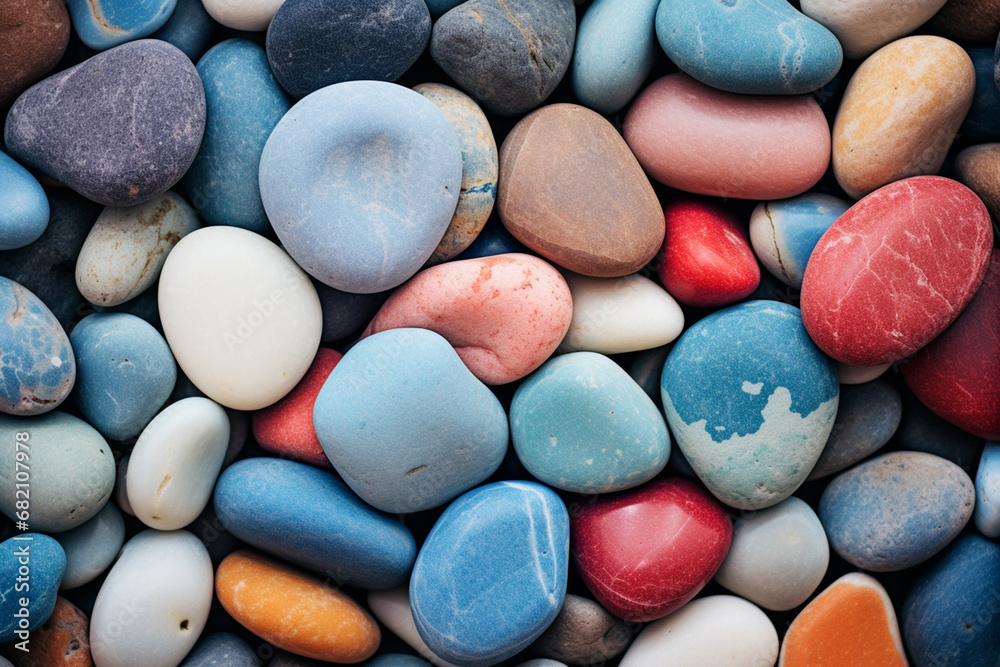 The close up detail abstract wallpaper of many smoothly colorful pebbles as a background. Generative AI.