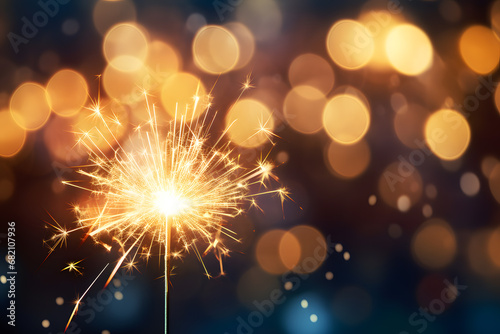 Burning sparkler in front of golden background with bokeh lights