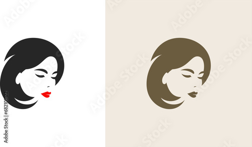 Beautiful woman with red lips minimalist portrait retro silhouette logo set vector flat illustration