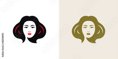 Retro fashion woman portrait with red lips minimal aesthetic logo set vector flat illustration