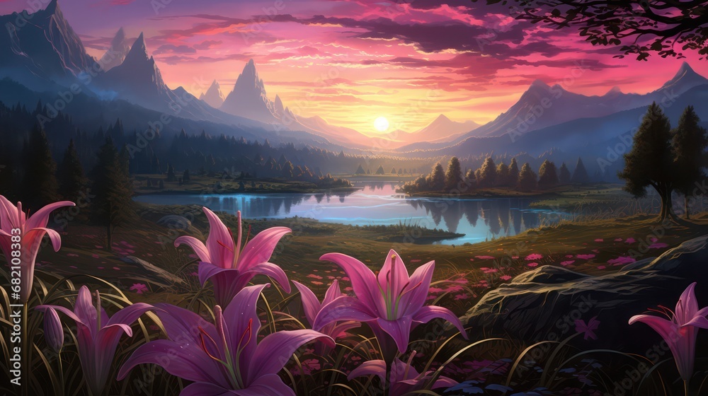 Beautiful scene of nature, Paintings of sunsets over mountain lakes, rivers, blooming orchids, and tranquil meadows
 - obrazy, fototapety, plakaty 
