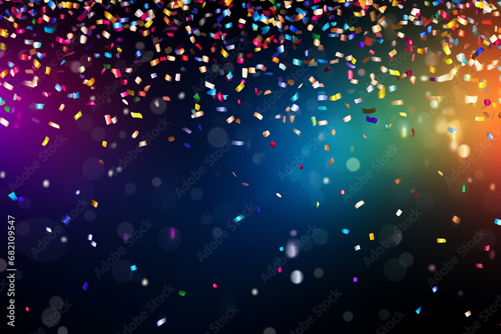 The abstract wallpaper of a gradient background covered by many rainbows metallic glitter confetti of a celebrated party. Generative AI.