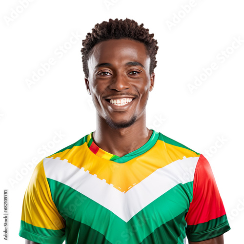 Front view of a half body shot of a handsome man with his jersey painted in the colors of the Comoros flag only, smiling with excitement isolated on transparent background. photo