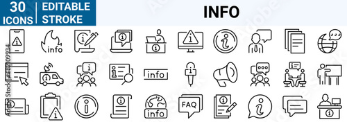 set of 30 line web icons information. Contains icons instructions, a privacy policy, an info center, manual, rule, guide, reference, help Editable stroke.