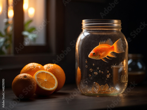 A beautiful glowing orange longtailed goldfish in a glass jar stares at an orange photo