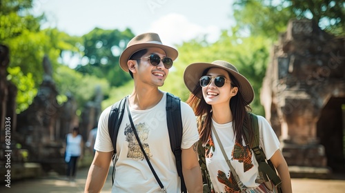 Happy Asian couple tourist backpackers traveling around Temple on holidays , dating outdoors vacation together in the summer , Generative Ai