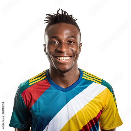Front view of a half body shot of a handsome man with his jersey painted in the colors of the Congo flag only, smiling with excitement isolated on transparent background.