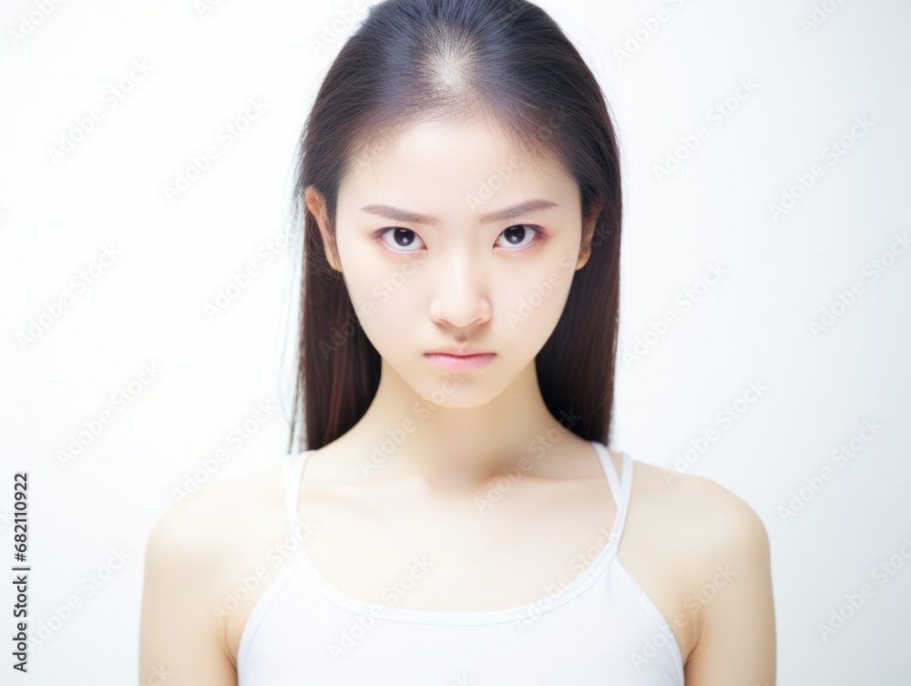 An angry young Japanese woman with long hair in a white tank top against a stark white background. Generative AI. An angry young Japanese woman with long hair in a white tank top against a stark white background. Generative AI.