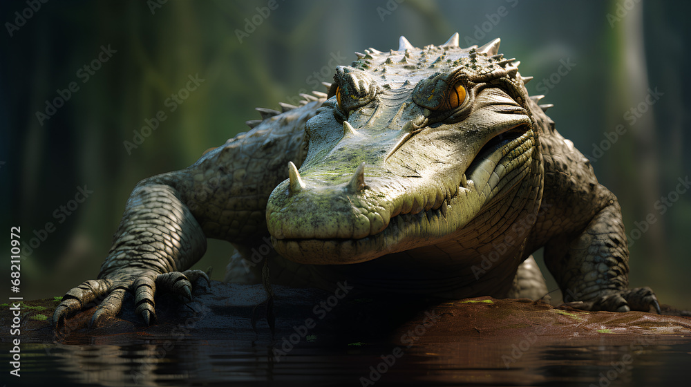 Fototapeta premium Close-up view of a large crocodile in a river in the deep forest., created with AI, PNG, 300 DPI