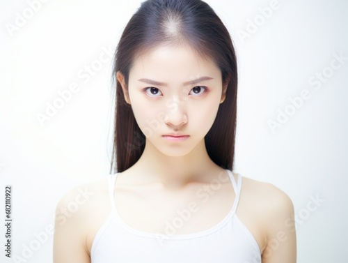 An angry young Japanese woman with long hair in a white tank top against a stark white background. Generative AI.