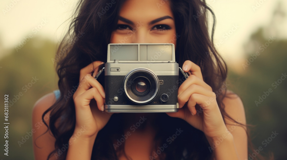 A woman holding an old camera in front of her face. Generative AI. A woman holding an old camera in front of her face. Generative AI.