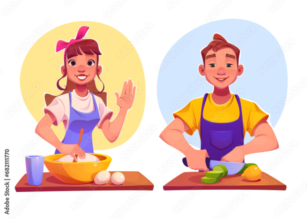 Kitchen class with man character cook food workshop cartoon illustration. Woman in culinary classroom near table. Baker lesson at home. adult student learn new recipe of healthy dinner graphic - obrazy, fototapety, plakaty 