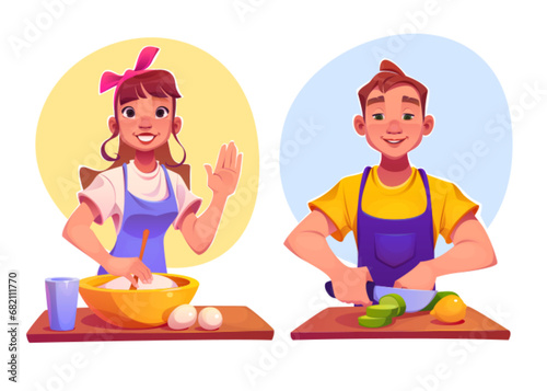 Kitchen class with man character cook food workshop cartoon illustration. Woman in culinary classroom near table. Baker lesson at home. adult student learn new recipe of healthy dinner graphic