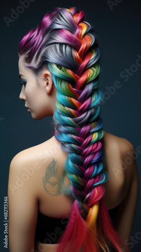 A woman with colorful hair in a fishtail braid. Generative AI.