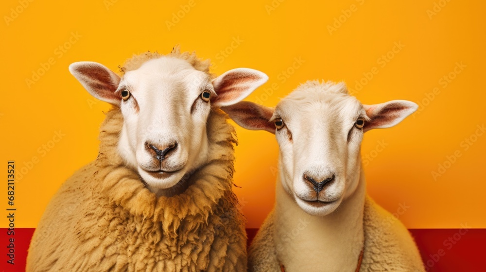 A couple of sheep standing next to each other. Generative AI.