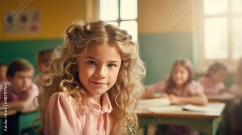 A little girl sitting at a desk in a classroom. Generative AI.