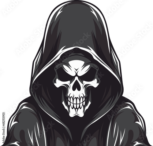 Angry skull skeleton in hood cloak Halloween detailed cartoon character vector flat illustration