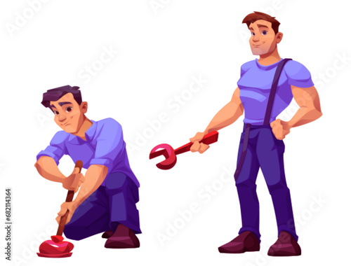 Plumber man with wrench, handyman cartoon vector character. Plumbing service worker mascot repair and renovation with smile. Isolated happy adult muscular professional technician fix clipart set