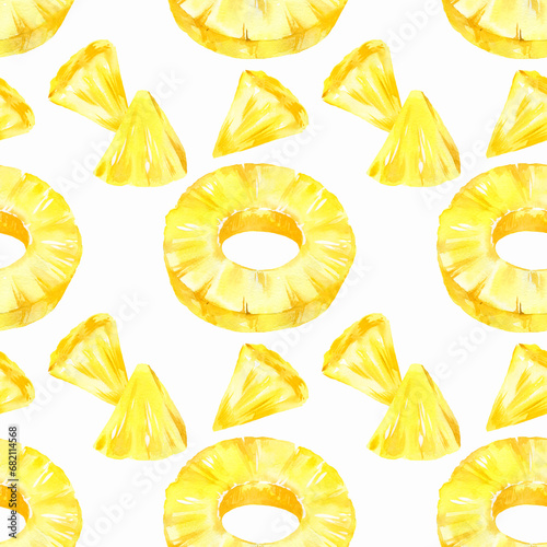 watercolor seamless pattern with pineapple, rings and slices of ripe pineapple, sketch of tropical fruit, hand drawn illustration, food illustration isolated on white background