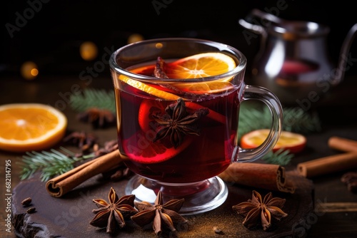 Mulled Wine: Close-up of a steaming mug of mulled wine with spices.