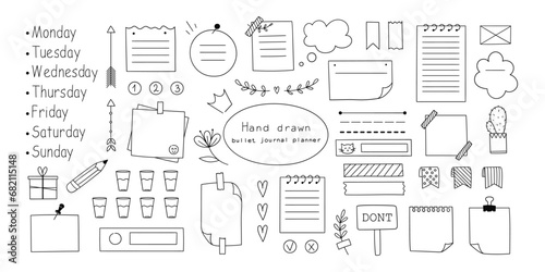 Set of hand drawn bullet journal elements. Doodle style doodles. Vector illustration