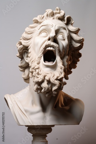 Stoicism mature man head statue with funny screaming emotion. Bright minimal studio setup, front view photo