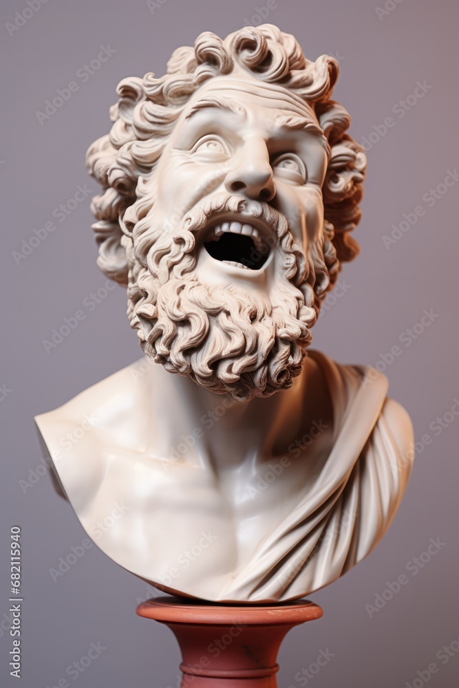 Stoicism mature man head statue with funny screaming emotion. Bright