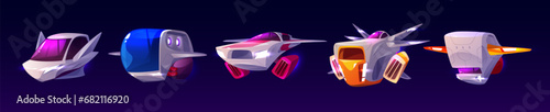 Alien spaceships for video game. Cartoon vector illustration set of futuristic fantastic cosmic spacecrafts. Gui scifi or ufo shuttle with glowing elements for space travelling and exploration.