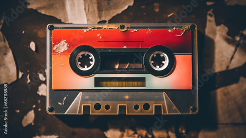 Generative AI, photo of old audio tape cassette, vintage nostalgic object for the design of the 80s